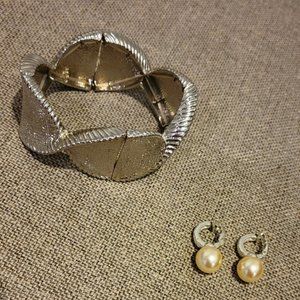 Silver Bracelet and Fake Pearl Clip-on Earrings